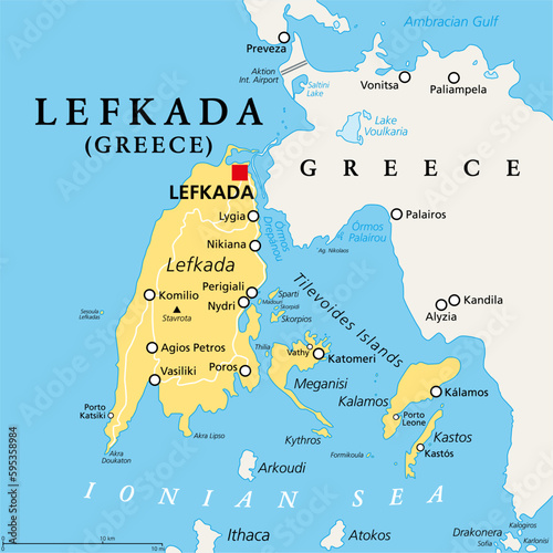 Lefkada, regional unit, political map. Part of the Ionian Islands in Greece, also known as Lefkas, Leukas or Leucadia. With Tilevoides Islands Meganisi, Kalamos, Kastos, Skorpios and smaller islets. photo