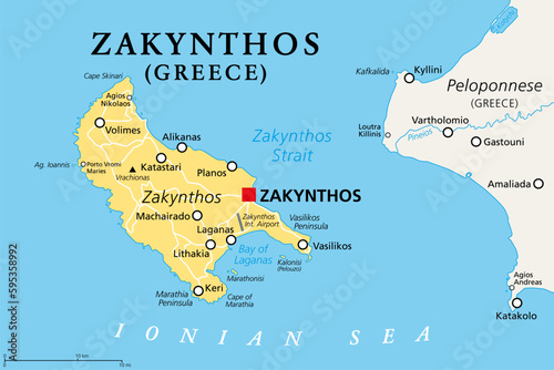 Zakynthos, Greek island, political map. Also known as Zakinthos or Zante, part of the Ionian Islands in Greece, and separate regional unit, with the same named capital Zakynthos. Illustration. Vector.
