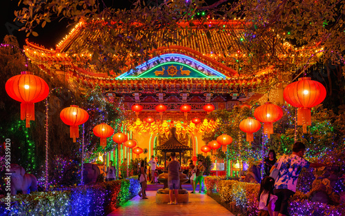 Kek Lok Si temple illuminated with thousand of lanterns to celebrate Chinese New Year 2023 in Penang - Malaysia photo