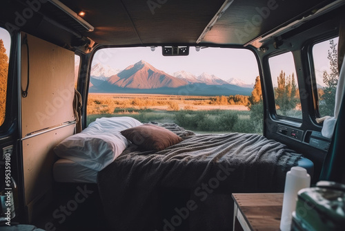 A cozy and modern camper van interior offers a comfortable and stylish home on the road, with a bed, kitchen, and scenic views of nature. Travel and vacation, freedom and adventure. Generative AI.