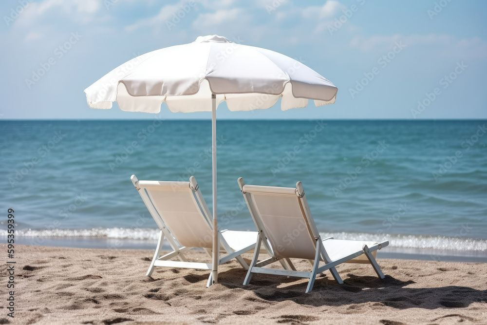 Empty chairs and an umbrella sit on a pristine beach, inviting relaxation. Beauty of the tropical landscape. Tranquil scene, white sand and blue waters of the ocean in the background. Generative AI