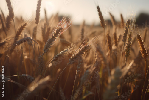 A golden wheat field stretches across the rural landscape, bathed in the warm light of the summer sunset. Agriculture and the growth of crops. Natural background for this peaceful scene. Generative Ai