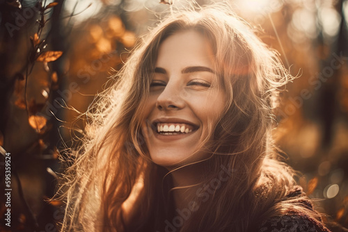 A young woman enjoys the sunny outdoors and the beauty of nature, happiness and carefree spirit. Smiling joy and freedom of summer. Healthy and attractive. Active, fulfilling lifestyle. Generative Ai