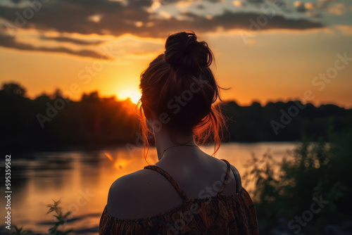A young woman stands in awe, gazing at the stunning sunset over a beautiful landscape. The warm sunlight and golden sky capturing a moment of joy and adventure in her travels.Generative AI