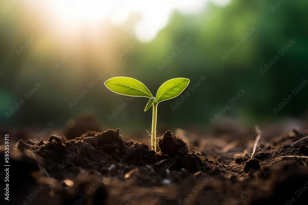 A small baby plant emerges from the soil, basking in the warm sunlight of a new day. Its green leaves and delicate stem. Nature growth. Sustainable agriculture and ecology in rich soil. Generative AI A small baby plant emerges from the soil, basking in the warm sunlight of a new day. Its green leaves and delicate stem. Nature growth. Sustainable agriculture and ecology in rich soil. Generative AI