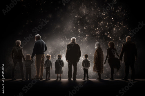 Different generations of family stand together against dark abstract background. Genealogical history of generations, preservation of the memory of relatives. Created with Generative AI photo