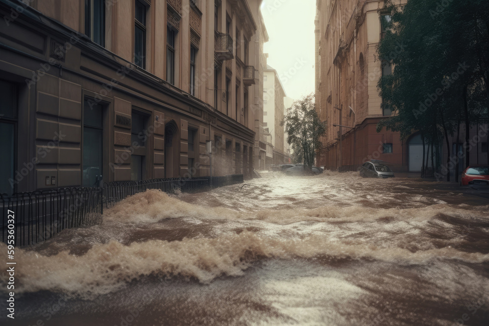 Flooding in city street. Street after hurricane and heavy rain. Property damage by high water. Created with Generative AI