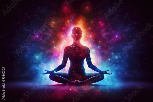 Silhouette of body meditate in lotus position on cosmic background. Spiritual awakening and positive energy of universe. Concept of communication with another world. Created with Generative AI © Lazy_Bear