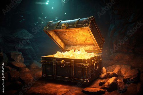 An open chest with pirate treasure in cave. Jewels and crystals in an open drawer. Created with Generative AI