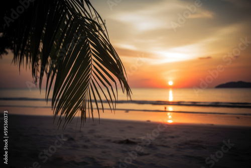 vibrant tropical sunset with a single palm tree in focus and a blurred beach, copyspace for text, generative ai