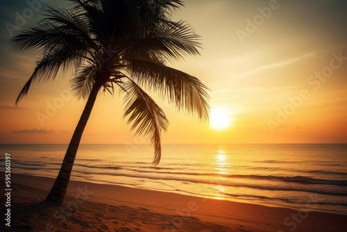 vibrant tropical sunset with a single palm tree in focus and a blurred beach  copyspace for text  generative ai