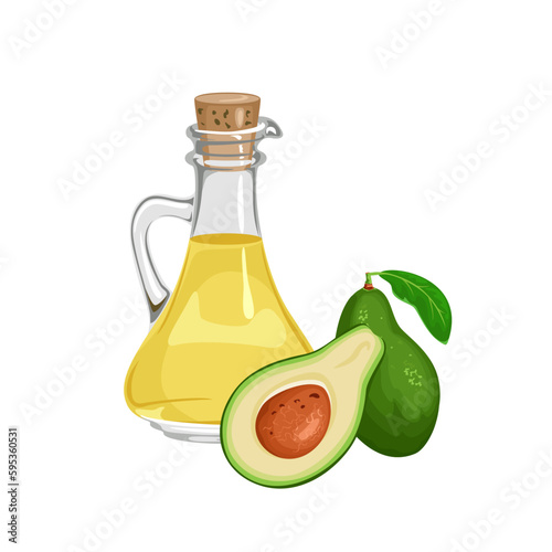 Avocado oil in glass bottle isolated on white background. Vector cartoon illustration.