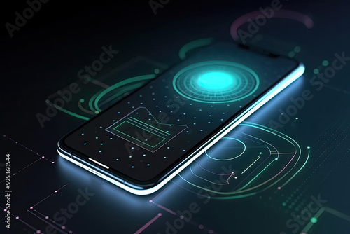 Smartphone on technology background. Neon glowing mobile phone on abstract dark background. Futuristic network connection. Created with Generative AI