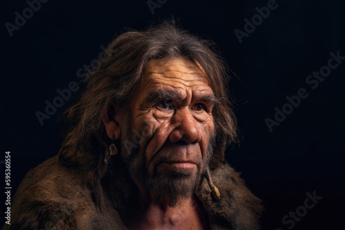 Portrait of prehistoric man on dark background. Face of Neanderthal caveman with beard. Ancestor of mankind. Created with Generative AI photo