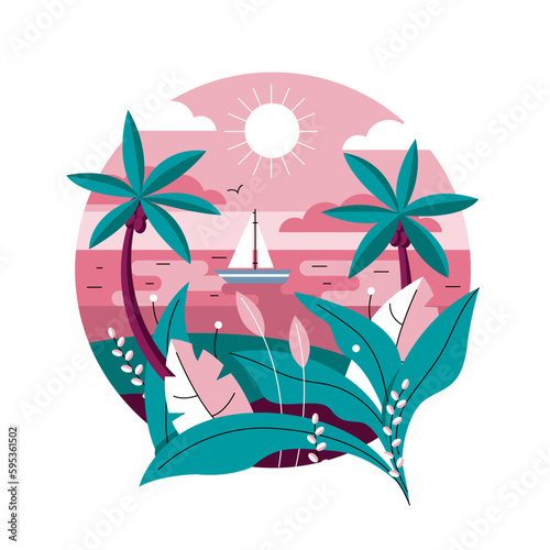 Vector illustration of an exotic landscape with a boat, palm trees and the sea.
