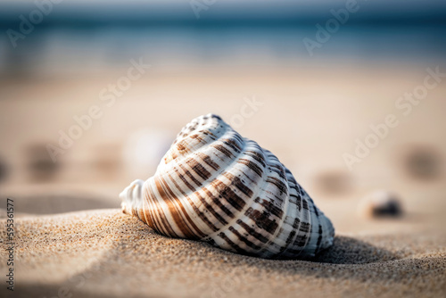 textured seashell on a sandy beach with a blurred ocean and sky, copyspace for text, generative ai