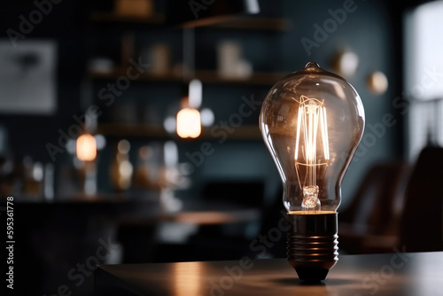 glowing light bulb with a blurred background of various light fixtures, copyspace for text, generative ai