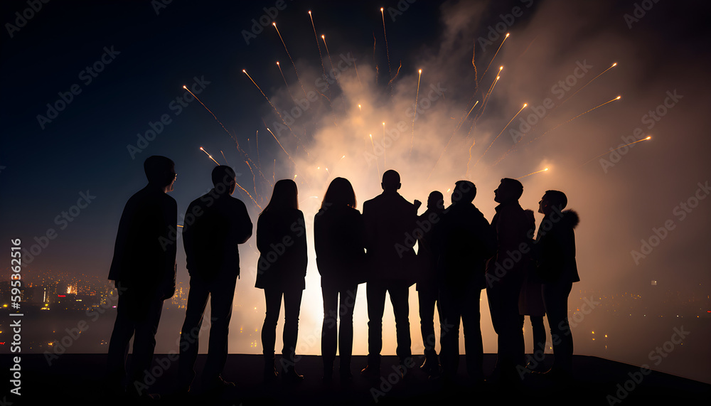 Corporate team celebrating and watching fireworks Corporate team celebrating and watching fireworks