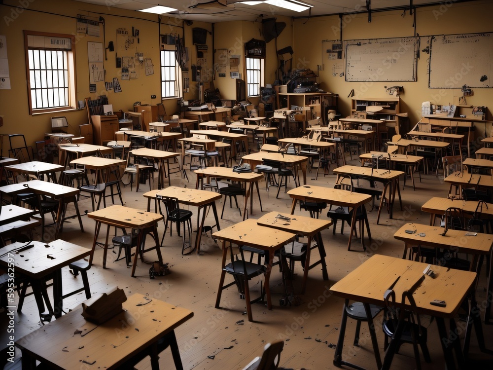 Empty classroom with vintage tone wooden chairs. Back to school concept. Generative Ai