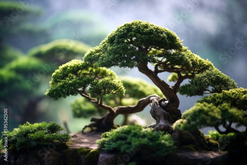 bonsai tree with a blurred Japanese garden in the background, generative ai
