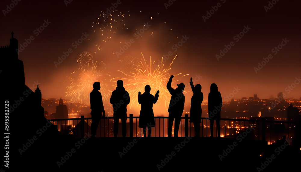 Corporate team celebrating and watching fireworks Corporate team celebrating and watching fireworks