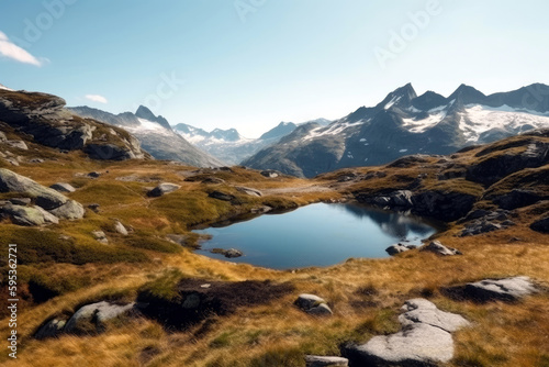 mountain landscape with a crystal-clear lake in the foreground and snow-capped peaks in the background, generative ai