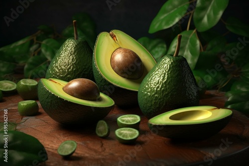 3D illustration of avocado slices. Generative AI