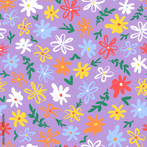 Colorful simple flowers with leaves seamless repeat pattern. Random placed, vector botany all over surface print on lilac background.