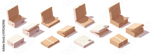Isometric carton box set. Different types of cardboard boxes. Box for goods, delivery and gifts. Vector illustration