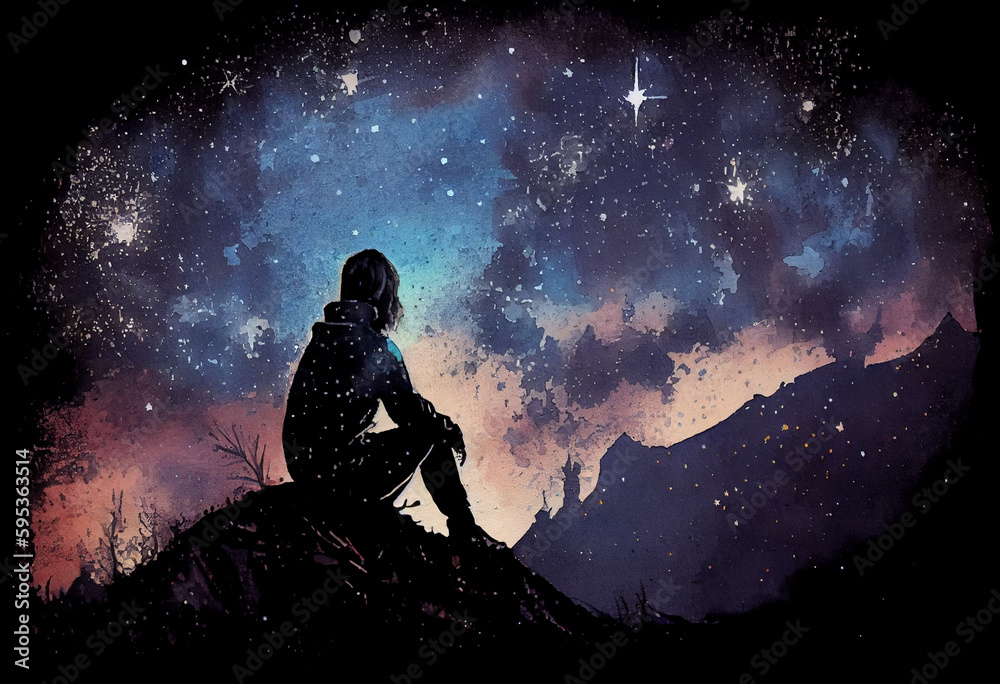 A person sitting on a hill, gazing at the stars with wonder, watercolor style Generative AI