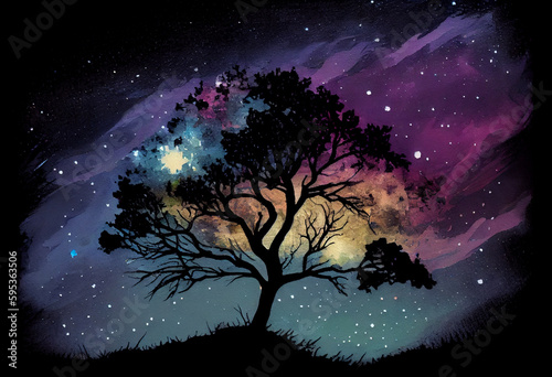 A silhouette of a tree against a starry night sky, watercolor style Generative AI © Катерина Євтехова