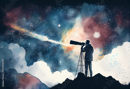 Leinwand Poster A telescope pointed towards the starry sky, with an astronomer looking through i