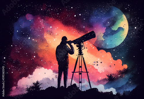 Fototapeta A telescope pointed towards the starry sky, with an astronomer looking through i