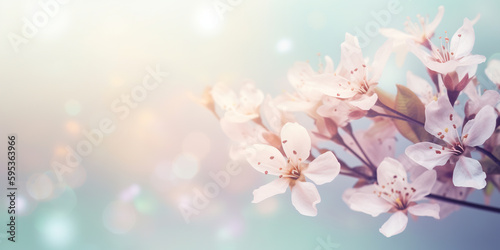 Spring border or background art with white blossom. Beautiful nature scene with blooming flowers and sun flare generative ai © shootforalivi35