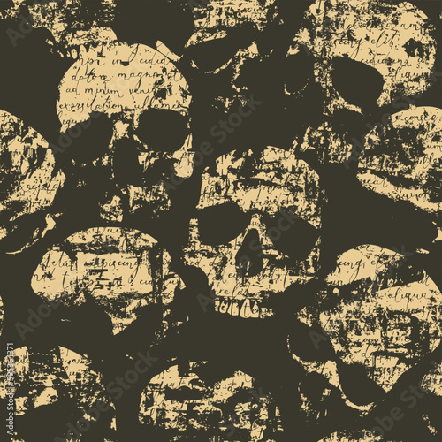 Seamless pattern with human skulls and handwritten text. Vector background with sinister smiling skulls and grunge texture. Graphic print for clothes, fabric, wallpaper, wrapping paper