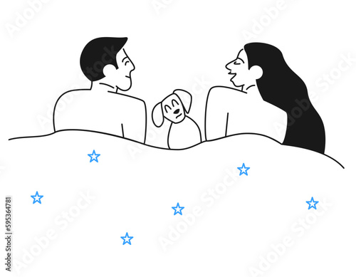 Couple naked in bed with pet dog. Lifestyle concept vector illustration