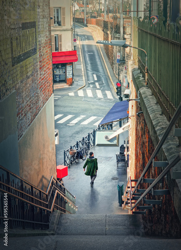 Outdoors scene with a man walking on the city streets in Asnieres sur Seine, a Paris suburb, France photo