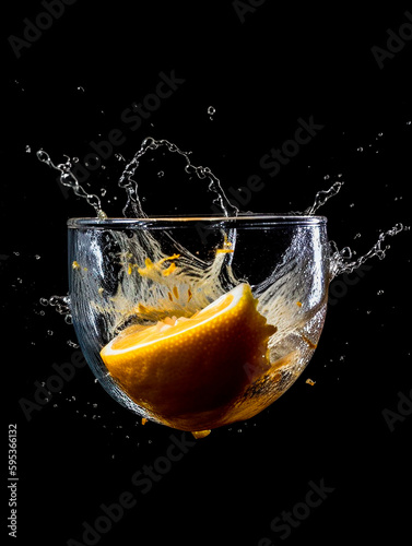 A piece of lemon and orange falls into a glass of water and splashes fly in all directions.