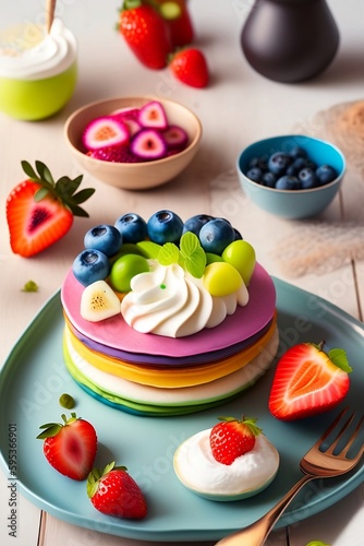Colorful Pancakes with Whipped Cream and Fruit