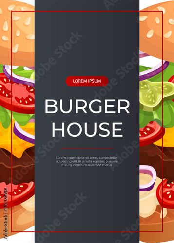 Promo flyer with fast food flying burger and vegetables. Street takeaway cafe, cooking, junk food. King size, classic american traditional cartoon snacks meals. Vector A4 for banner, poster, menu
