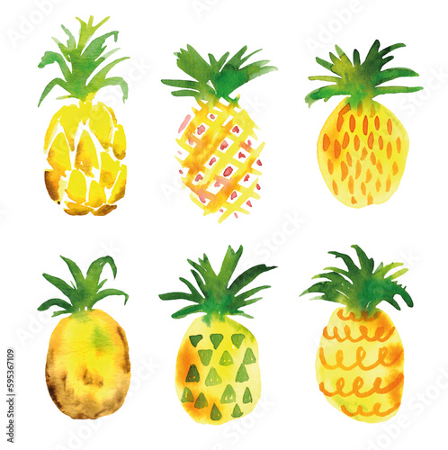Pineapple fruit and slices set. Watercolor exotic collections on white background for textile, wallpaper print, fashion in modern style.