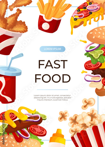 Promo flyer with fast food hot dog, pizza, soda, fries, burger. Street takeaway cafe, cooking, junk food. King size, classic american traditional cartoon snacks meals. Vector A4 banner, poster, menu