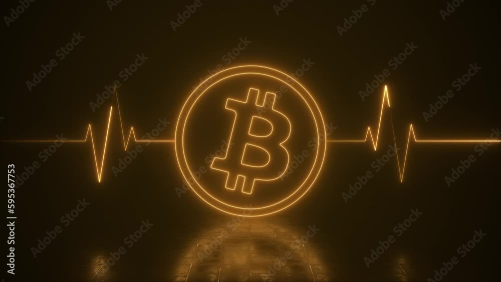 Neon Bitcoin With Heartbeat Line Life Support Loop Background. Neon Orange Bitcoin With Life Support Lines.