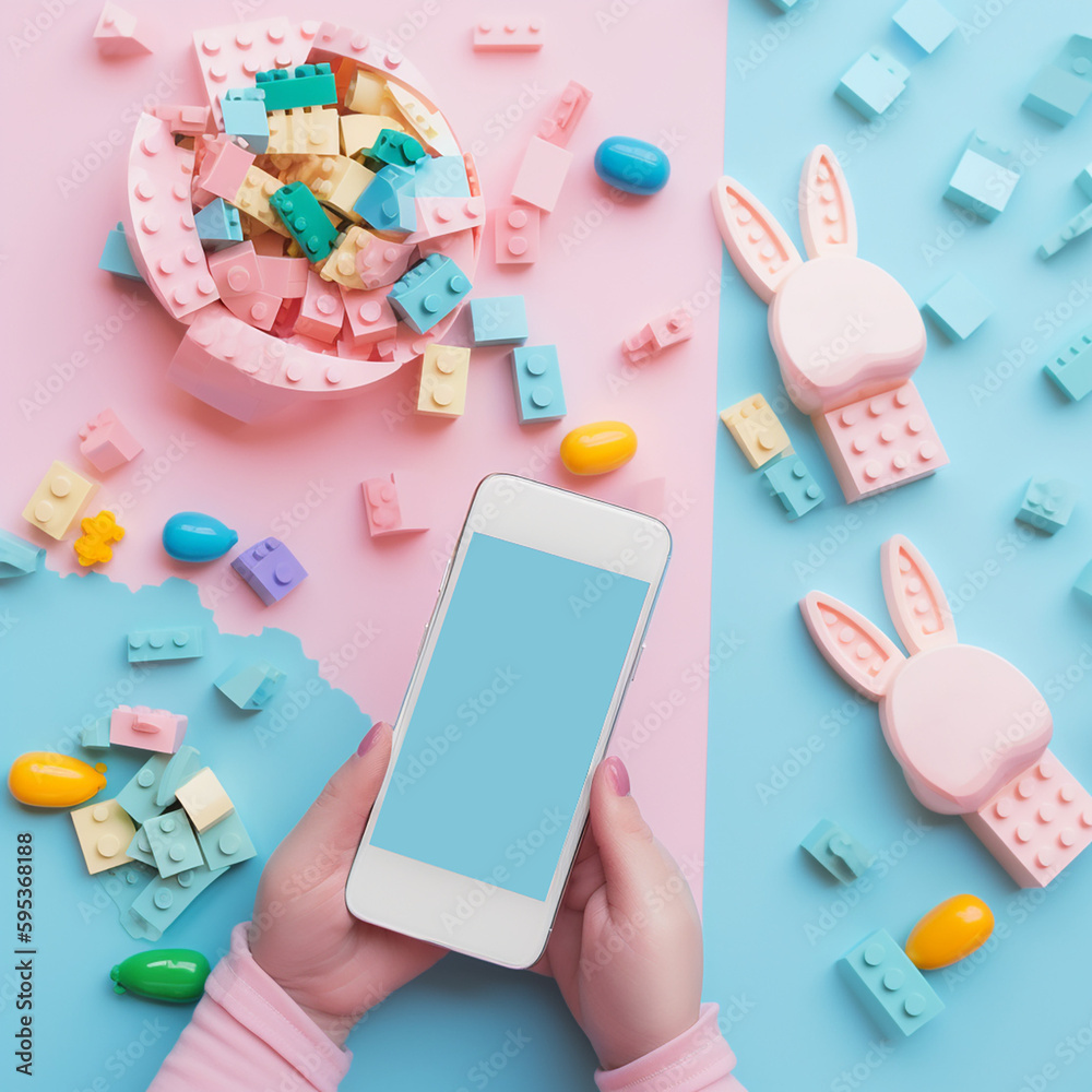 a child with a phone in his hands on the background of the block constructor in pastel colors, Easter, AI a child with a phone in his hands on the background of the block constructor in pastel colors, Easter, AI