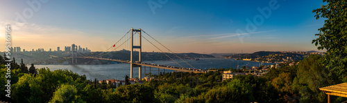 Awesome Panoramic view of Istanbul Bosphorus on sunset. Istanbul Bosphorus Bridge (15 July Martyrs Bridge. Turkish: 15 Temmuz Sehitler Koprusu). Beautiful landscape Turkey.