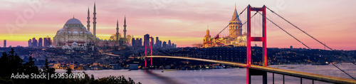 Istanbul Bosphorus panoramic photo. Istanbul landscape beautiful sunset with clouds Galata Tower double exposure, Bosphorus Bridge,  Istanbul Turkey.Best touristic destination of Istanbul