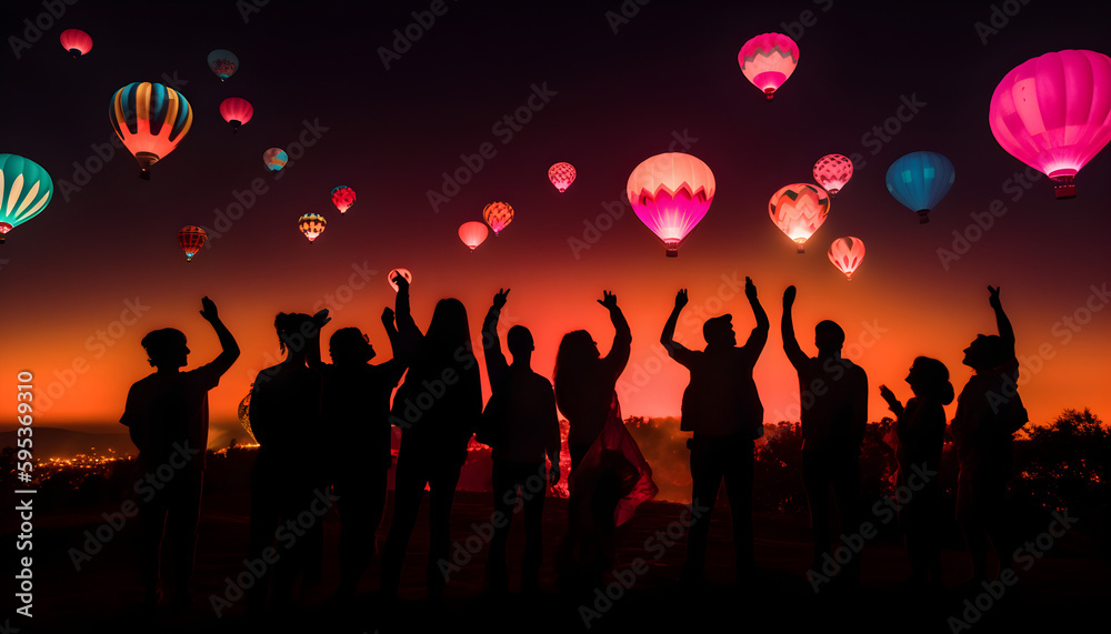 People dancing at music festival under hot air balloons People dancing at music festival under hot air balloons