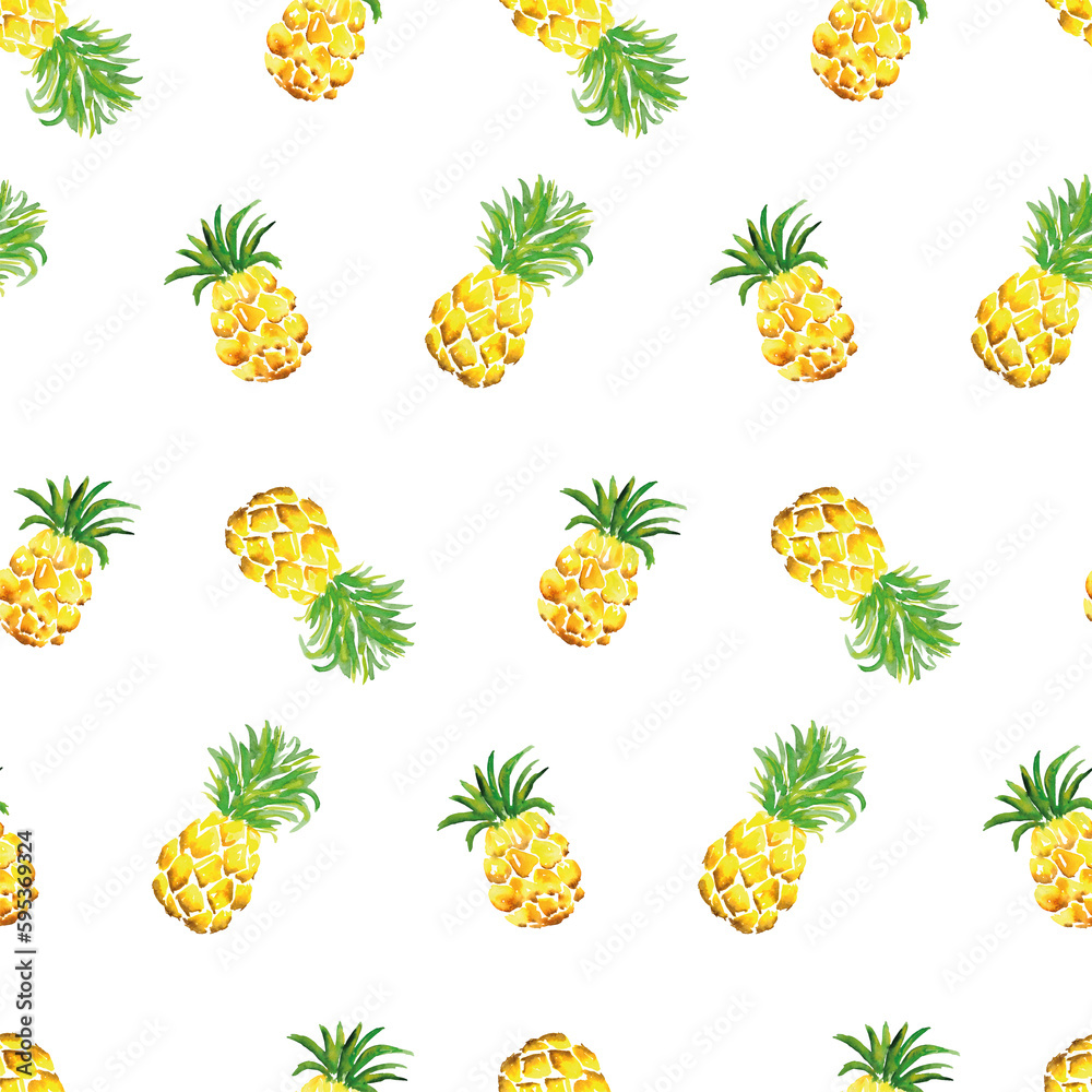 Watercolor seamless pattern of pineapple on white background. Hand drawn texture for textile, wallpaper, fashion, linens and banner print. In modern style Watercolor seamless pattern of pineapple on white background. Hand drawn texture for textile, wallpaper, fashion, linens and banner print. In modern style
