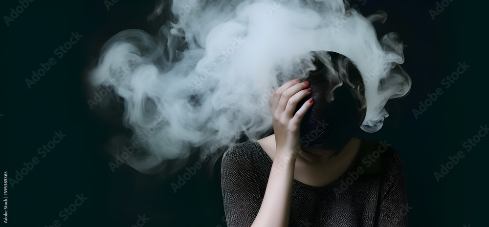Cloudy smoke covering the face of woman. Concept of depression, sadness or sorrow. Cloudy smoke covering the face of woman. Concept of depression, sadness or sorrow.
