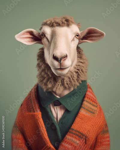 Sheep in clothes, in suit, fashion and stylish retro style portrait generative ai